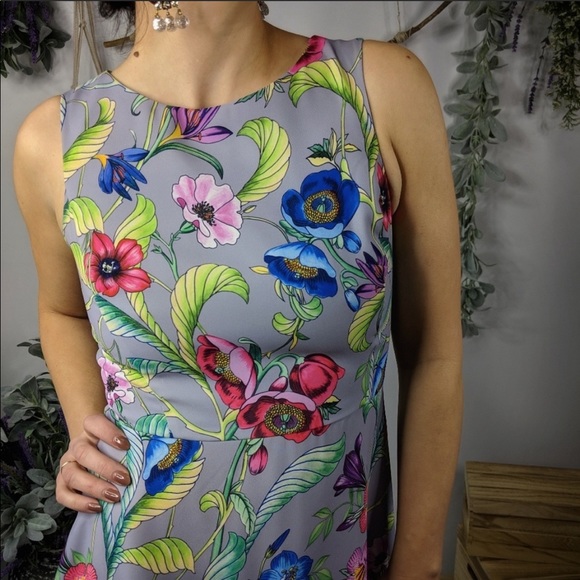 ♻️ANN TAYLOR jungle floral flare dress grey - Picture 5 of 8